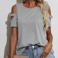 thumbnail image 4 of Cold Shoulder Round Neck Tops for Women Short Sleeve 2025 Summer Trendy Casual T-Shirts Solid Pullover Blouses Gray,M, 4 of 6
