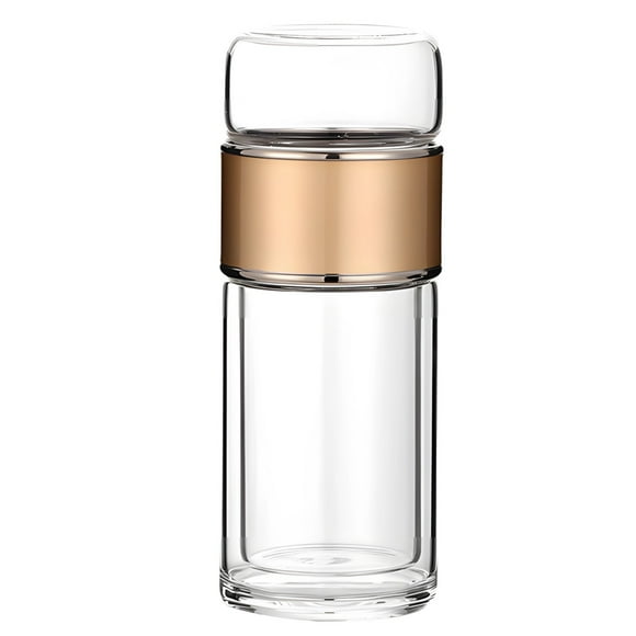 Tea Infuser Bottle, Double Wall Glass Travel Mug, Heat Resistant Tea Tumbler, Loose Leaf Tea Strainer Cup, Glass Water Tea Tumbler for Homes, Offices, Schools, Champagne Gold, 16.9 oz