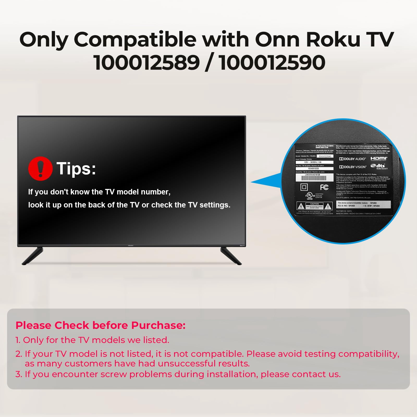 TV Legs Only for Onn 100012589 100012590 Roku TV Stand Legs, for Onn TV Legs Replacement with Screws, Anti Slip Pads and Instruction, Stable Design and Easy Installation