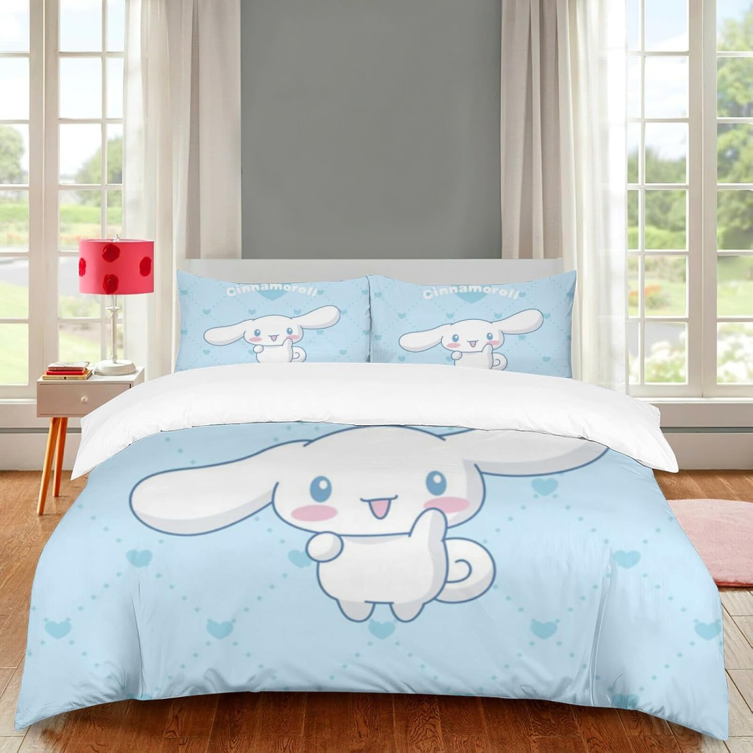 Cin-namoroll Bedding Set, Girls Super Soft Comforter Set Twin Size, Cute Puppy Family Printed Quilt for Kids Teen, Lovely Blue Microfiber Comforter for All Season 3pcs with Pillowcases