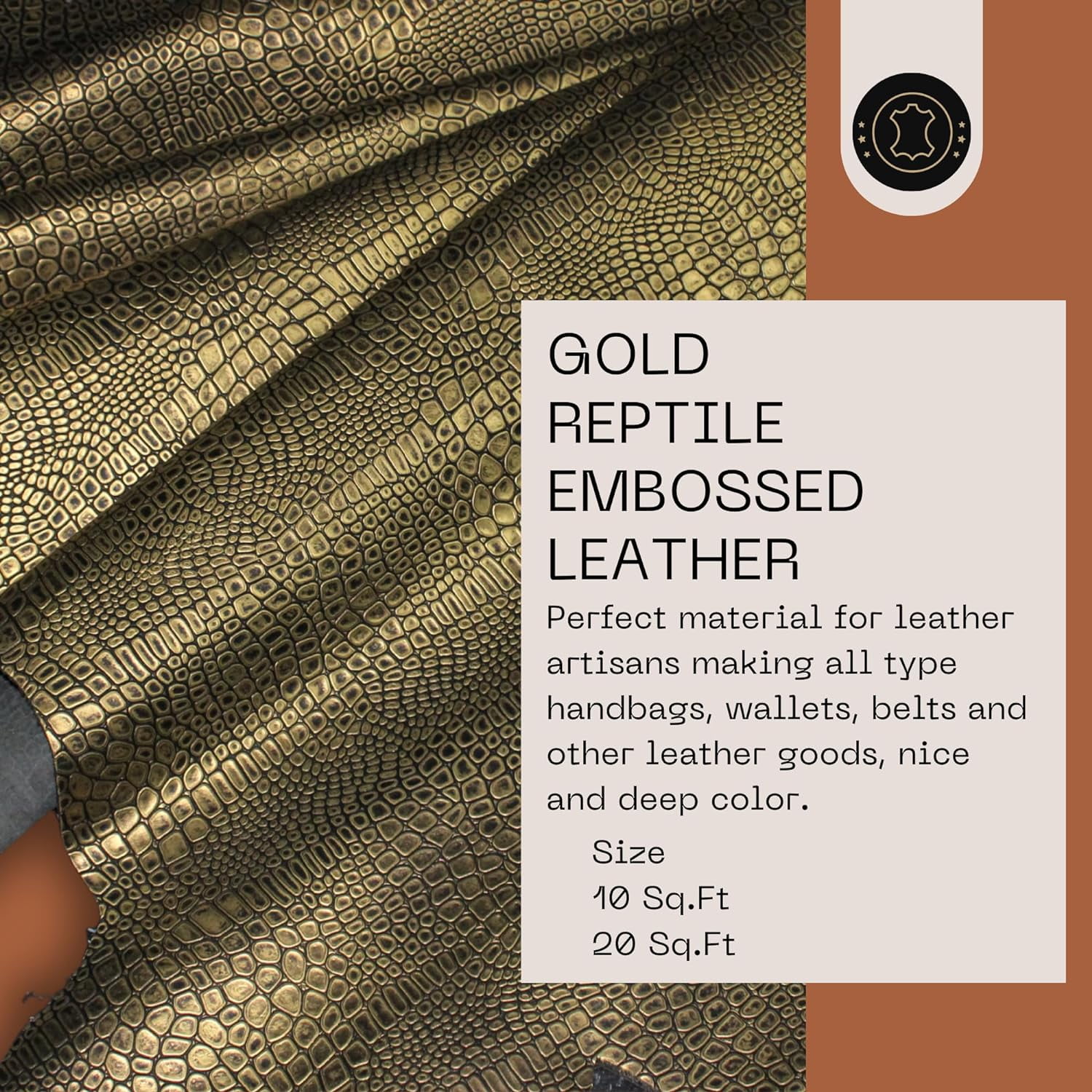 ArtisanCowhides Genuine Reptile Embossed Cowhide Leather for Crafts–  Gold 10 Sq ft