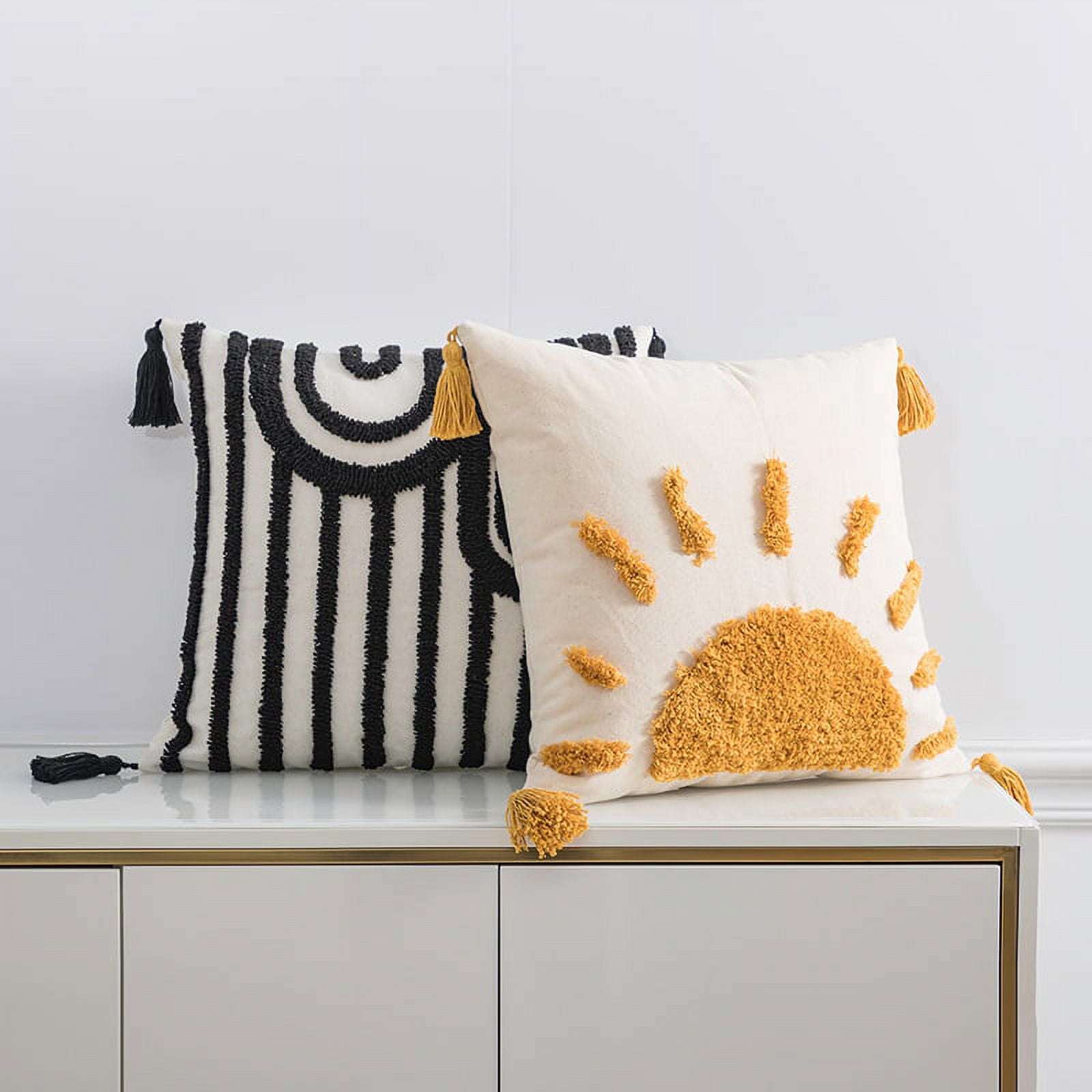 Hongchun Decorative Boho Throw Pillow Covers 18x18 Colorful Throw Pillow Covers Cotton Sun Tufted Pillows Cover Cases with Tassels for Couch Yellow White Walmart