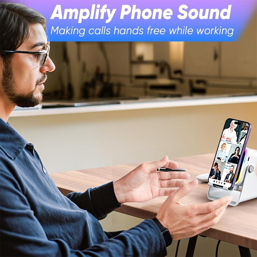 5-in-1 Wireless Induction Bluetooth Speaker with Adjustable Phone Stand, Ambient Light, Rechargeable Speakers Amplifier for iPhone, Home Mini Portable Holder Desktop, (Black*1)