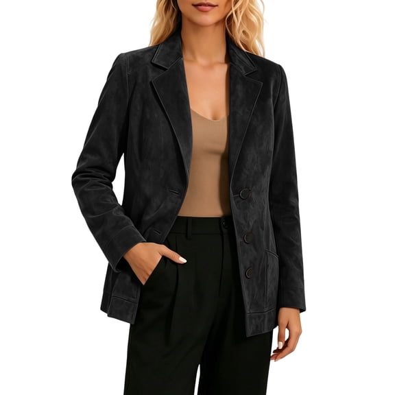 Turilly Women Solid Suede Notched Lapel Open Front Blazer Jacket, Long Sleeve Business Work Casual Suit Coat with Functional Side Pockets for Office Daily Wear