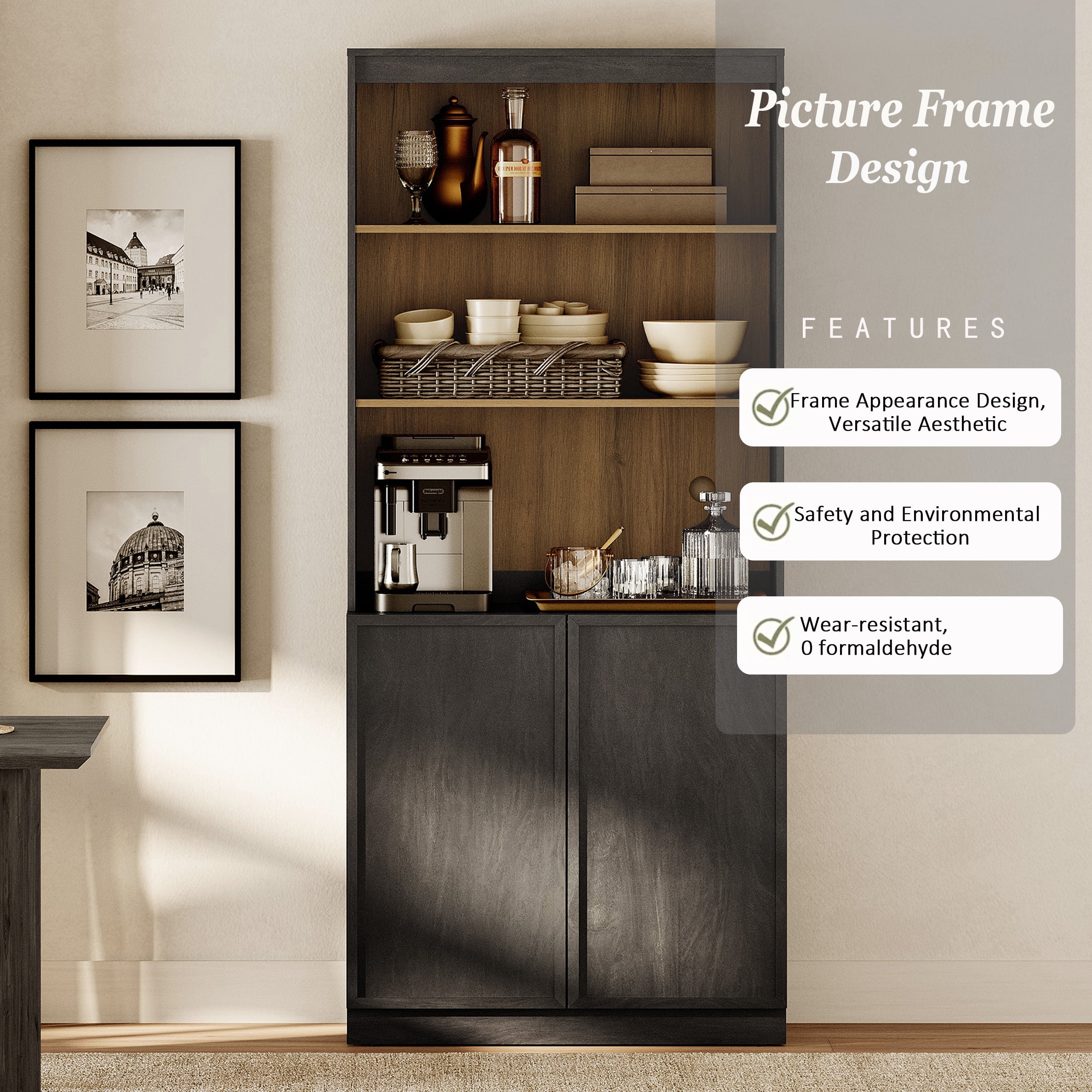 Modern Wood Sideboard Buffet with Doors & Adjustable Shelves, 72" Tall Storage Cabinet for Dining Room Kitchen,Black