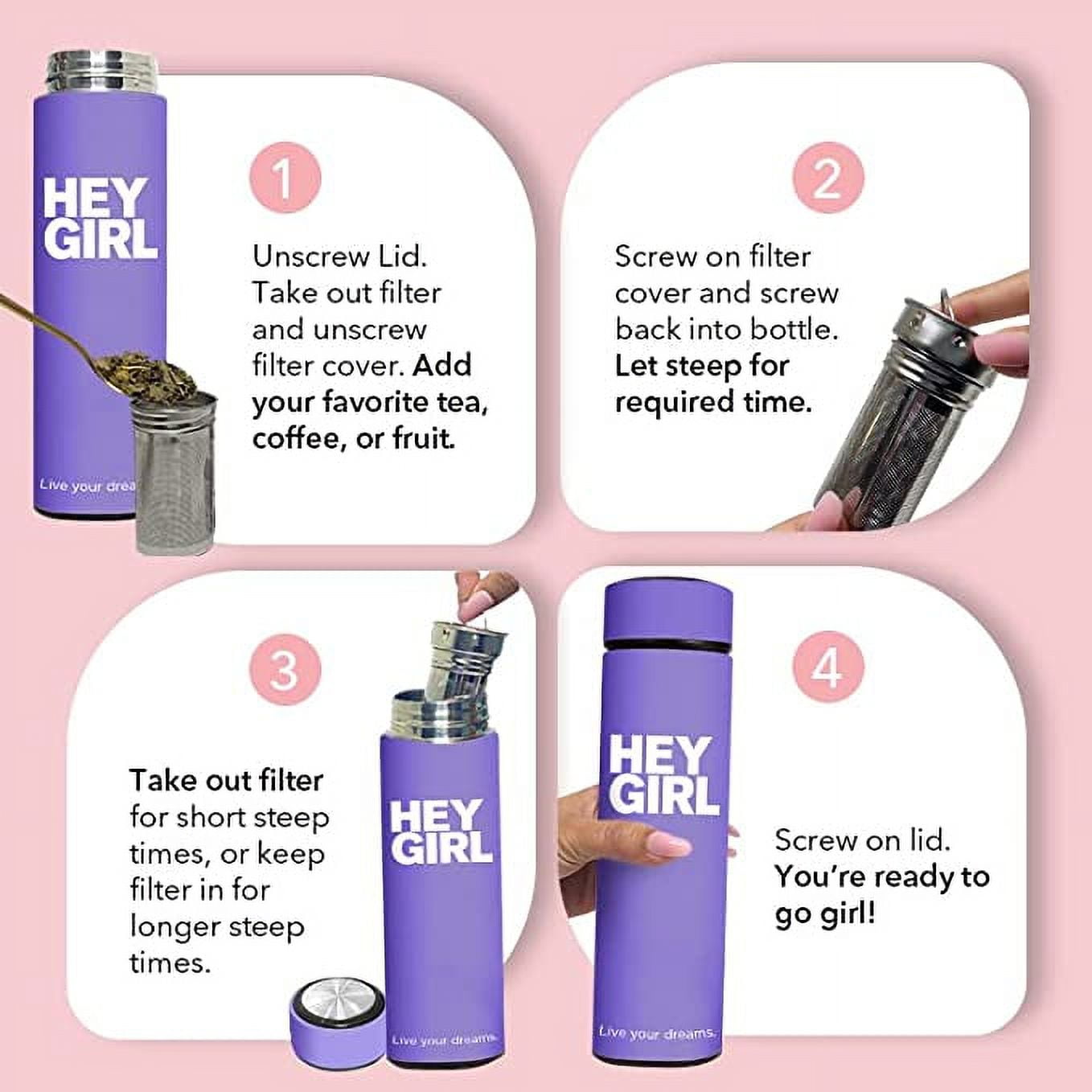 Hey Girl Tea Infuser Bottle 450ml - Insulated Stainless Steel Water Bottle (Deep Purple)