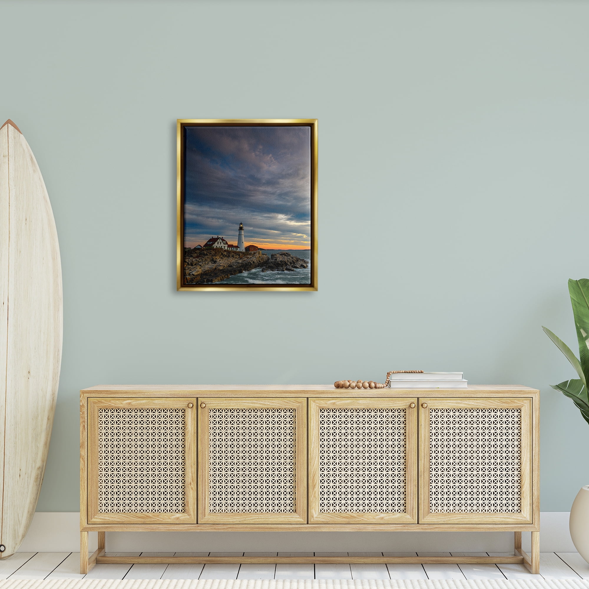 Stupell Seaside Lighthouse Beacon Coast Landscape Photography Gold Floater Framed Art Print Wall Art
