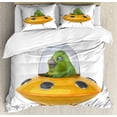 thumbnail image 1 of Alien Duvet Cover Set King Size, Funny Monster in a Spaceship Traveling Galaxies Digital Graphic, Decorative 3 Piece Bedding Set with 2 Pillow Shams, Pale Orange Olive Green Mustard, by Ambesonne, 1 of 3