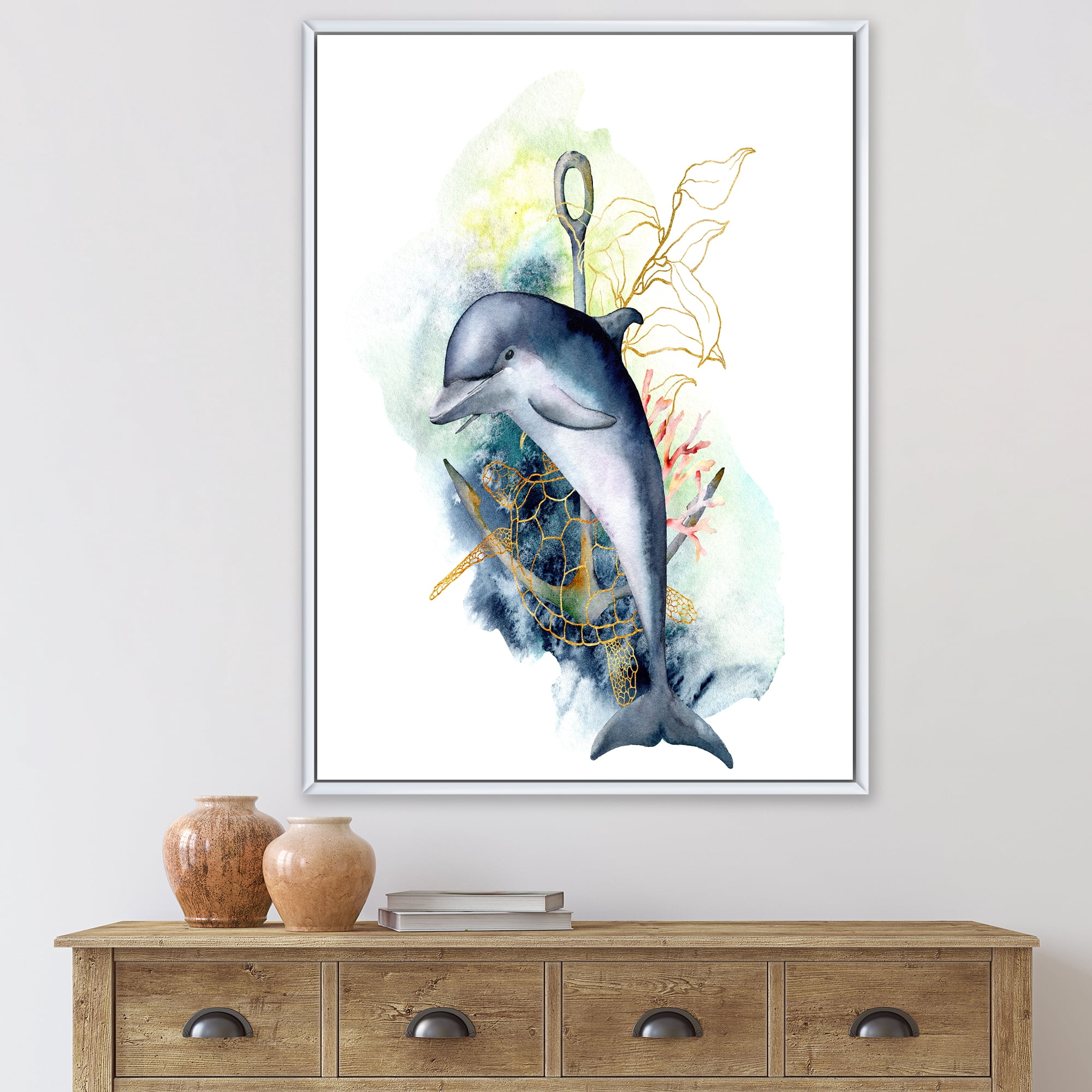 Linear Coral Reef Plants and Dolphin Turtle Anchor 24 in x 32 in Framed Painting Canvas Art Print, by Designart