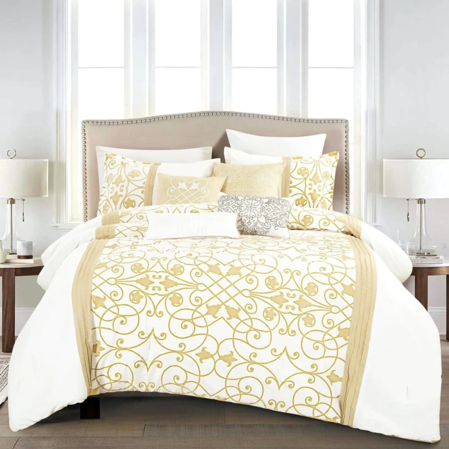 Mora Contemporary White and Gold Comforter Set 7 Piece Set