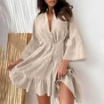 thumbnail image 2 of Summers Dresses For Women Casual Daily Short Sleeve V-Neck Solid Color Mini Flare Sleeve Dresses for Women Trendy Beige XL, 2 of 9