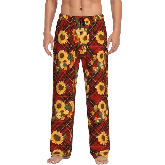 Kdxio Ensemble de Pantalons de Pyjama pour Hommes à Carreaux Rouges avec Imprimé Tournesol, Pantalons de Nuit et de Détente, Bas de Pyjama avec Poches et Boutons - Grand