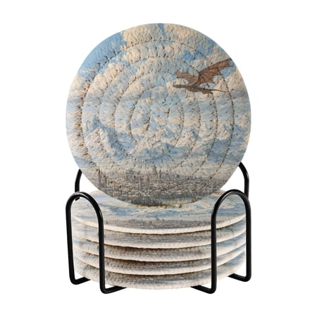 6 Pieces Coil Coasters Bar Coasters Anti-slip Coasters Heat-resistant Coasters Fashion Dragon Flying Medieval Town