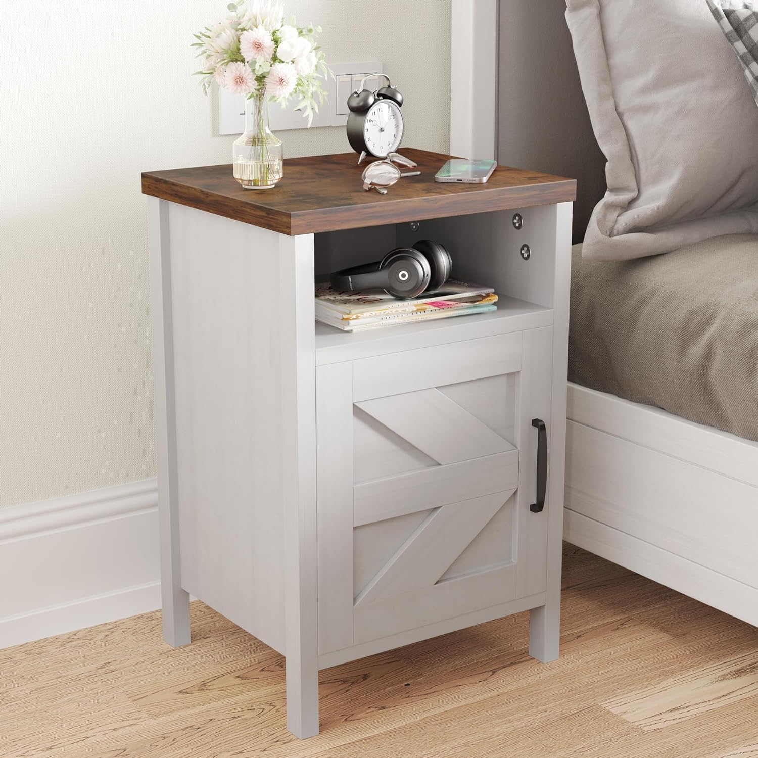 Farmhouse Nightstand, Modern Bedside Table Set of 2 with Barn Door and Shelf, Rustic End Table Side Table for Bedroom, Living Room (White)