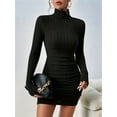 thumbnail image 3 of Women'S Rib Knit Ruched Long Sleeve Short Bodycon Dresses High Neck Slim Fit High Waist Sweater Dress Black L, 3 of 7
