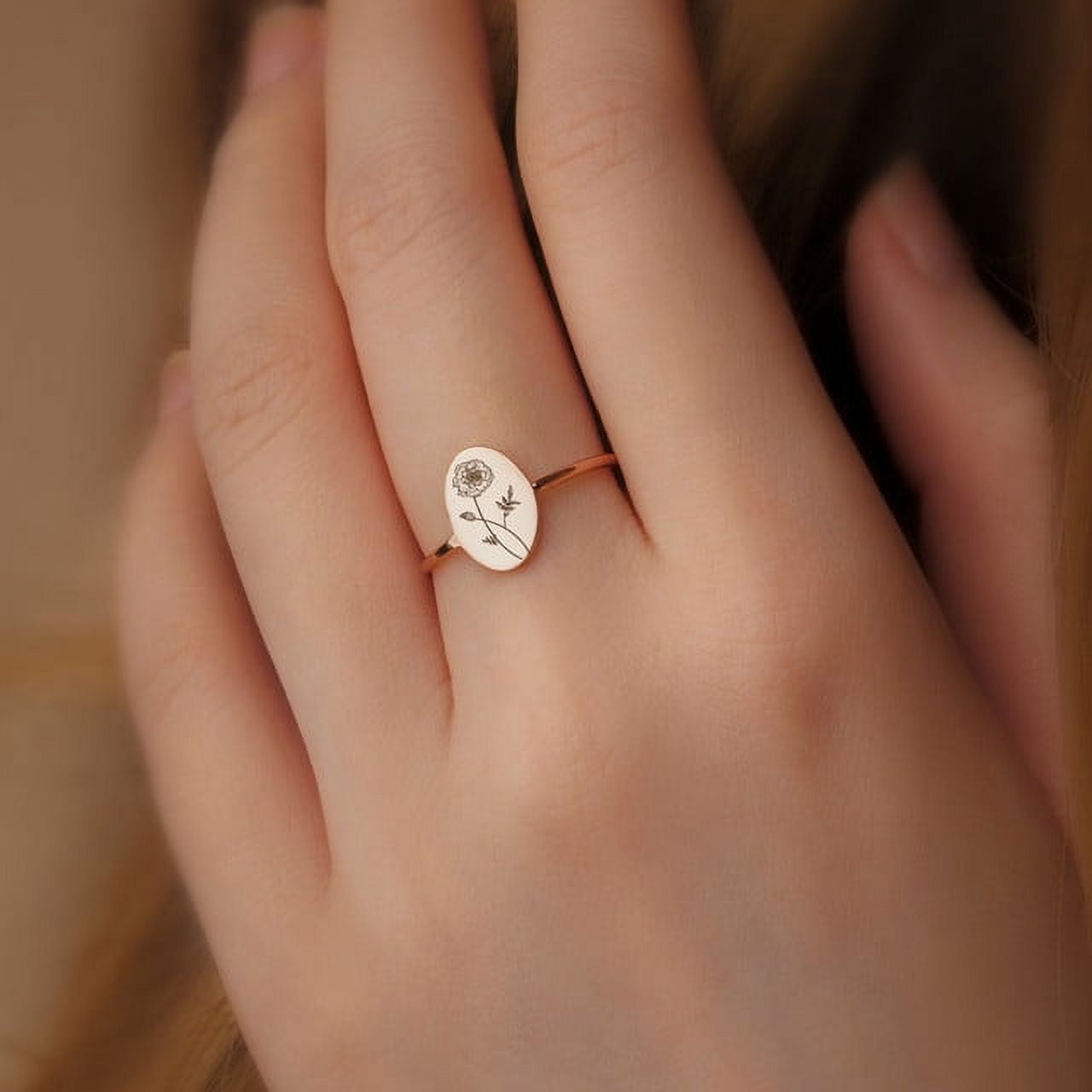 Birth Flower Ring Personalized - Oval Birth Month Flower Ring - Custom Flower Ring Bridesmaid Gifts - Birthday Gifts for Mom