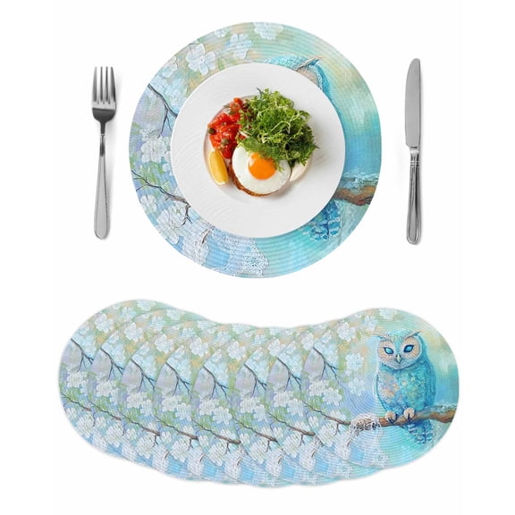 Teal Blue Owl Round 15 Inch Placemats Set of 8, Modern Flowers Birds on Branch HeatResistant Non Slip Place Mats for Dining Table, Wipeable Braided Kitchen Table Mats for Housewarming