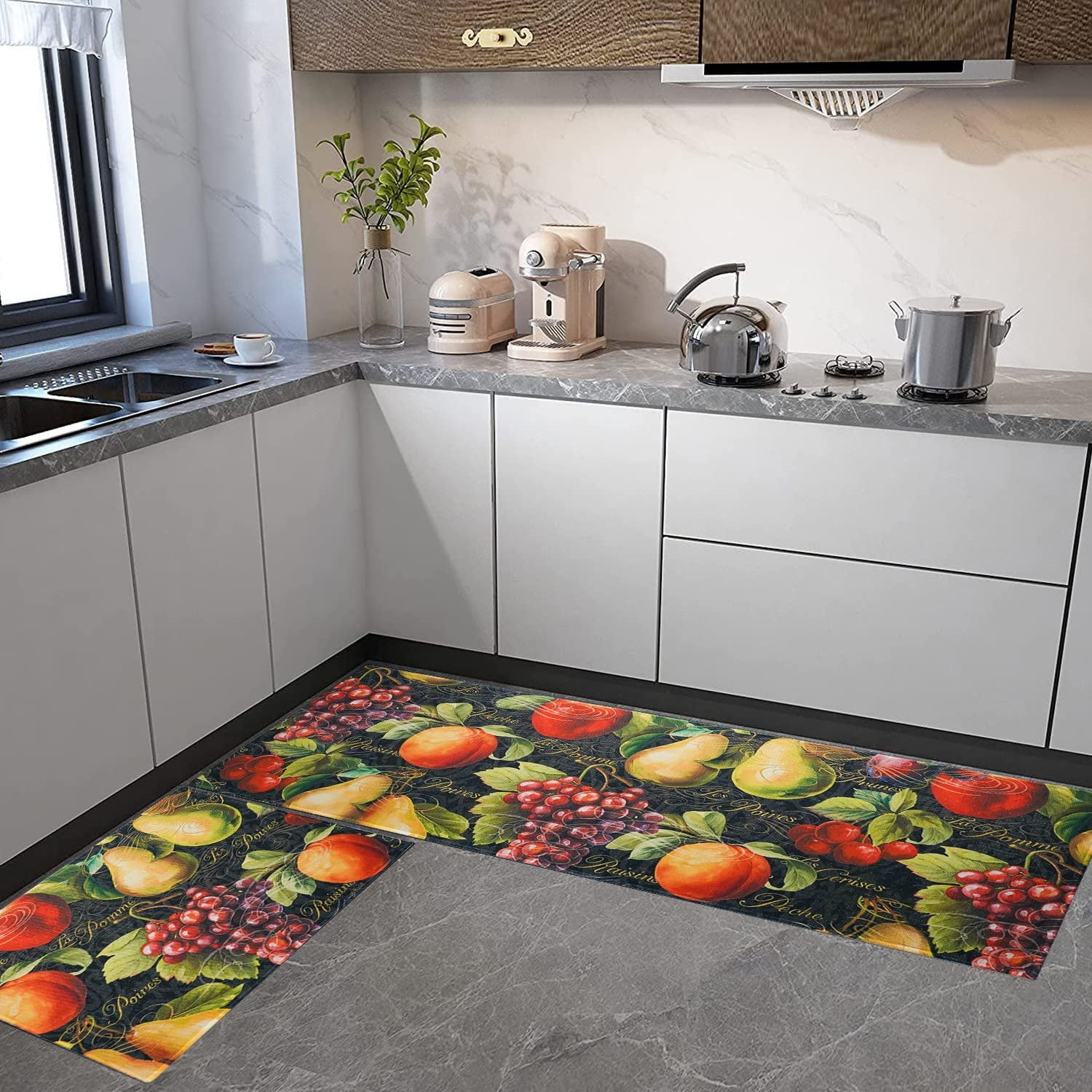 Fall Fruit Kitchen Rugs Set 2 Piece Vintage Black Farmhouse Decorative Rug Runner for Kitchen Low-Profile Floor Mats Decorations for Home Kitchen (17"x48"+17"x30")
