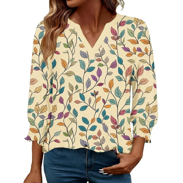 Jacenvly Hauts pour Femmes Liquidation Hauts Décontractés Imprimés pour Femmes Manches 3/4 Poignets Smockés Hauts pour Femmes en Liquidation