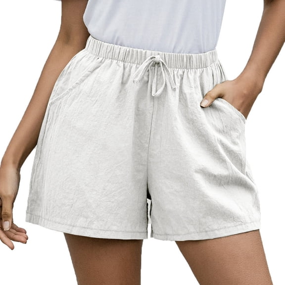 Casual Linen Shorts For Women, Drawstring Elastic Waist Split Side Summer Line Comfy Lounge Short With Pocket White S
