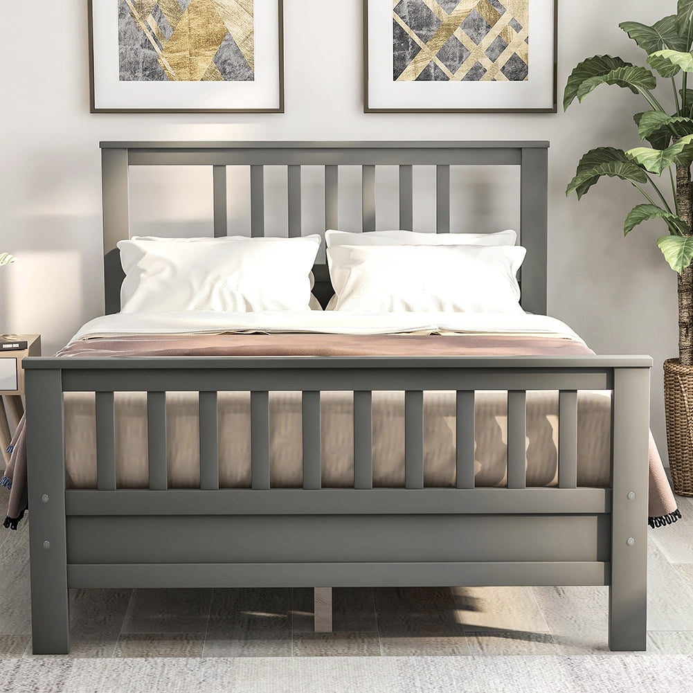 Wood Platform Bed with Headboard and Footboard, Full (Gray)