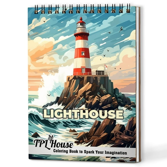 TPLHOUSE Lighthouse Coloring Book Spiral Bound for Adult, A5 Wooden Cover, Featuring 30 Striking Coloring Pages of Essence of Coastal Tranquility for Stress Relief and Relaxation