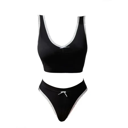 

Solid Sexy Lace Trim Lingerie Set Bowknot Sleeveless Cami Tops & Seamless Thongs Women‘s Lingerie & Underwear