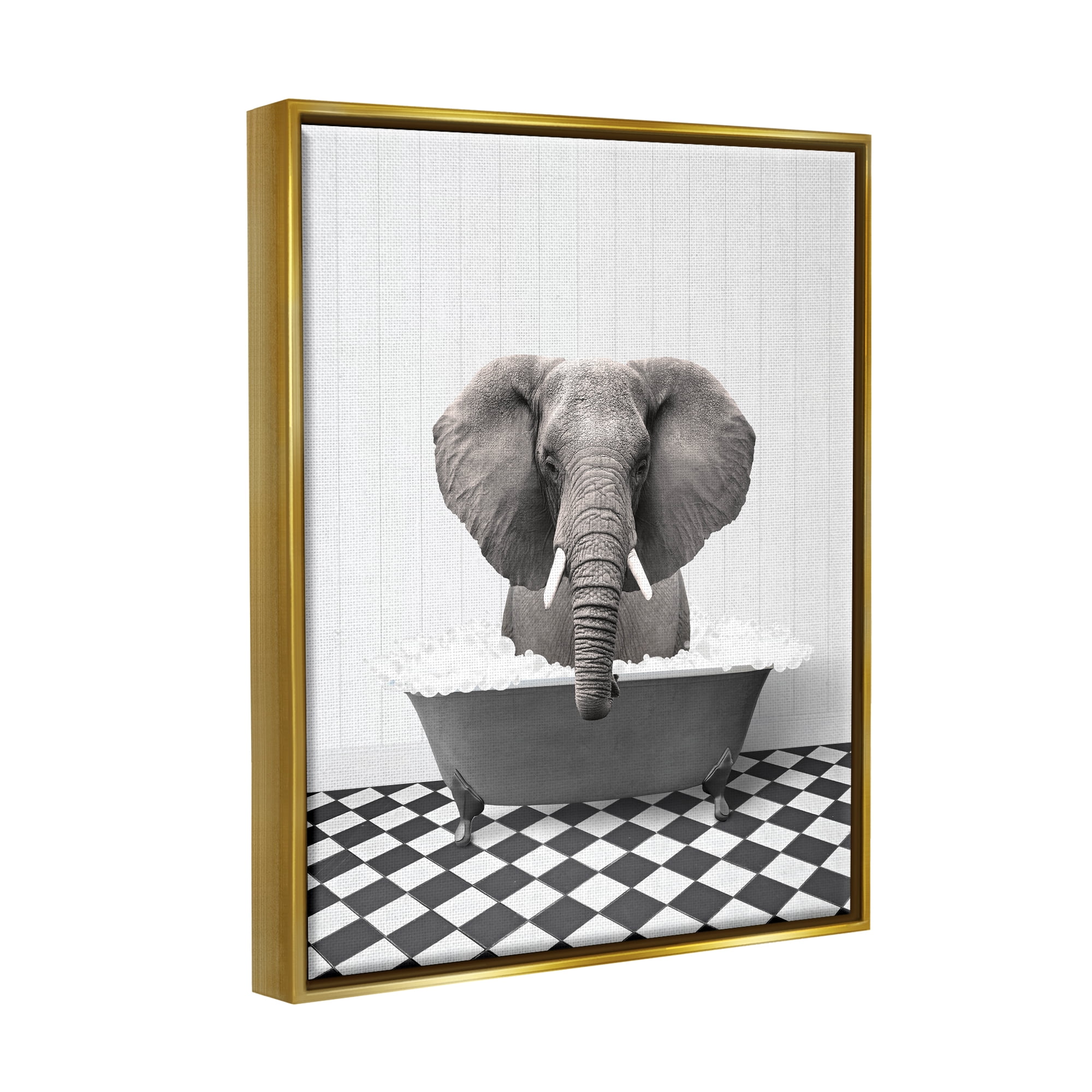 Stupell Industries Elephant Bathing in Tub Animals & Insects Painting Gold Floater Framed Art Print Wall Art, 25 x 31