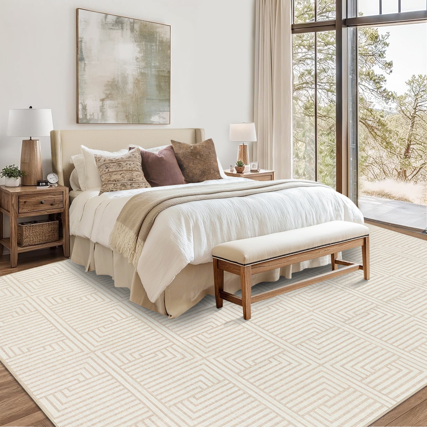 Waterproof Outdoor Rug 9x12FT - Modern Beige Design for Patio & Porch