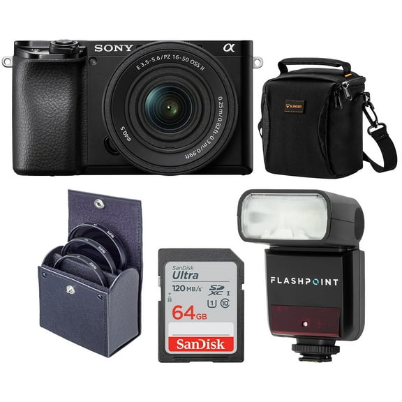 Sony Alpha A6100 Mirrorless Digital Camera, with 16-50mm Lens (Black) Flash Bundle with Flashpoint Zoom-Mini TTL R2 Flash, Bag, Filter Kit, 64GB SD Card