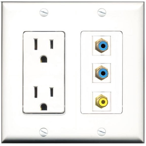 RiteAV - 15 Amp Power Outlet 1 Port RCA Yellow 2 Port RCA Blue Decorative Wall Plate