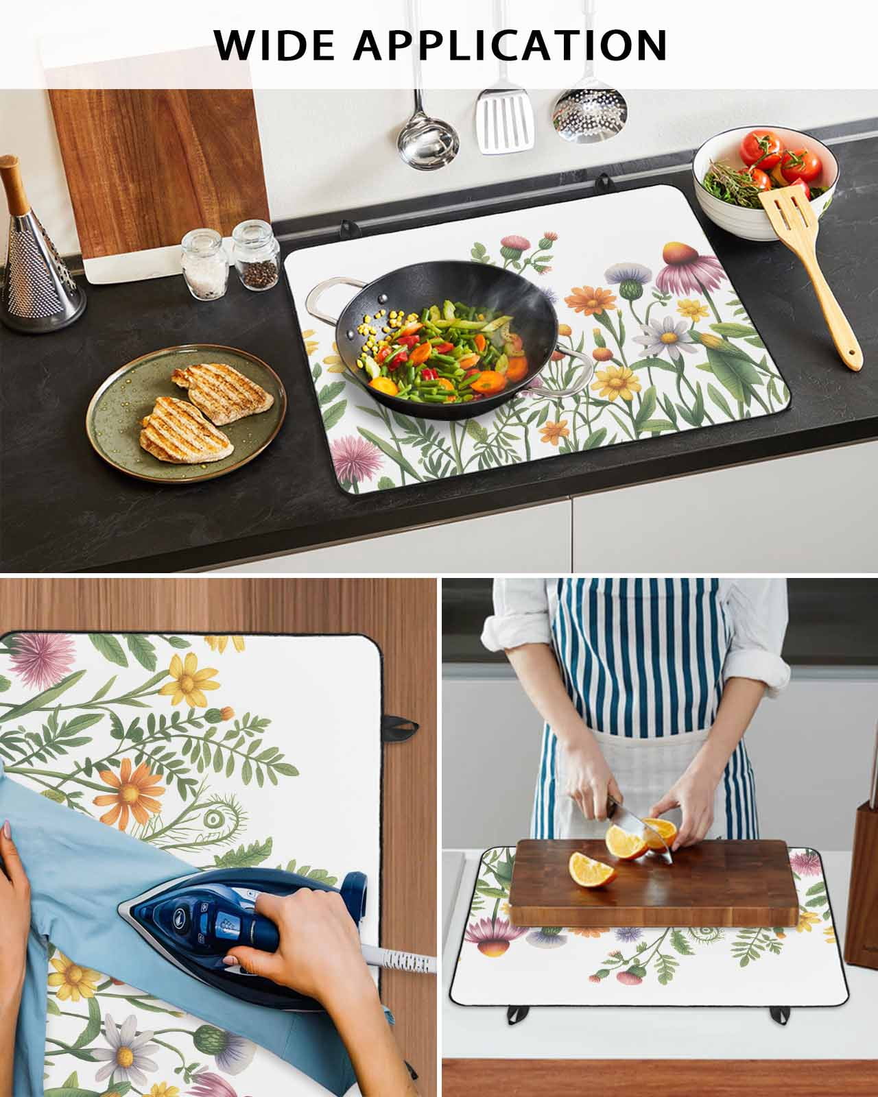 Large Induction Cooktop Protector Mat Spring Floral Stove Top Covers for Electric Stove, Yellow Flowers Pastoral Botanical Watercolor Decorative Stove Burner Cover Mats, Glass Top Stove Cover