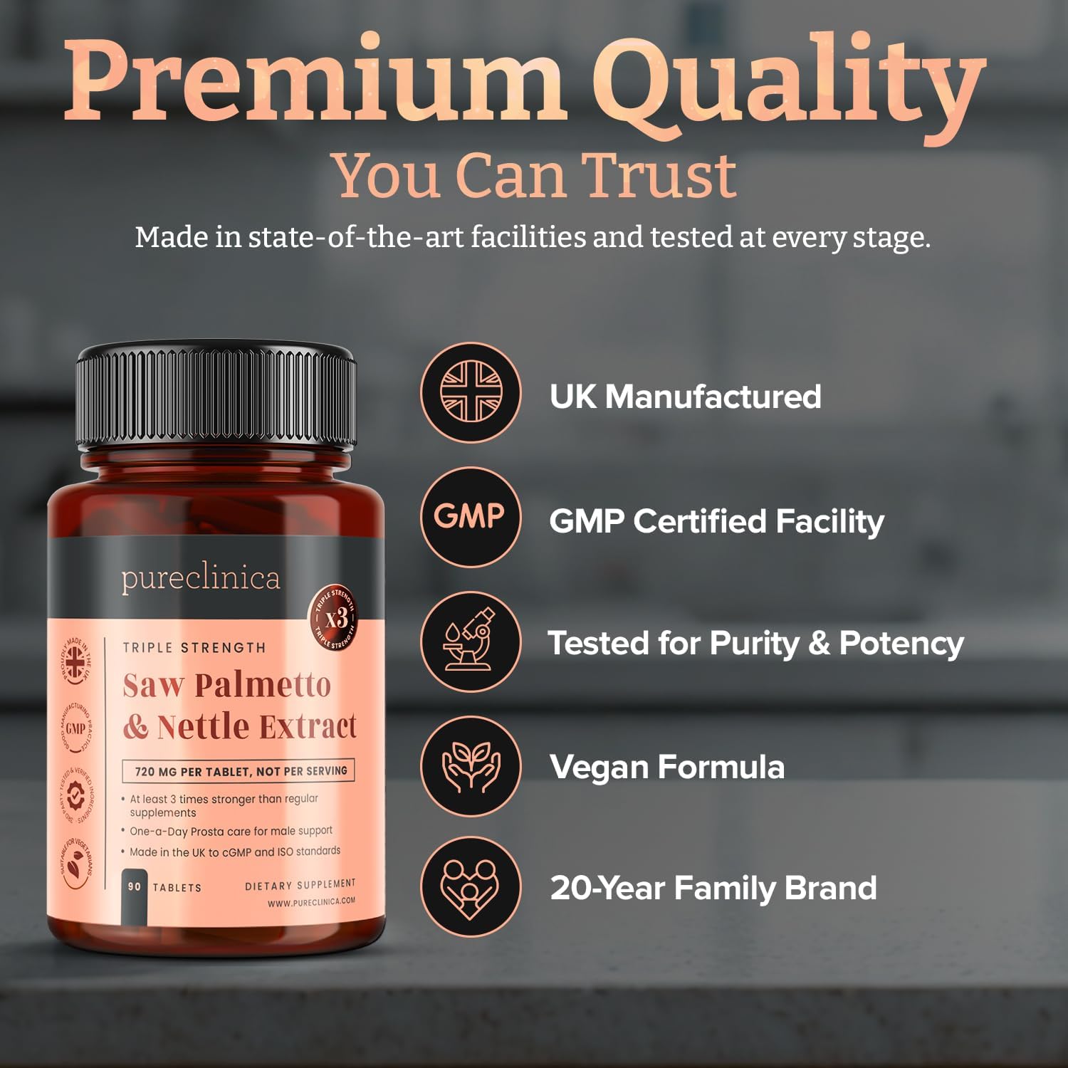 pureclinica Triple Strength Saw Palmetto & Nettle Root – With Calcium – Herbal Botanical Supplement, Non-GMO – 90 Tablets (3-Month Supply)