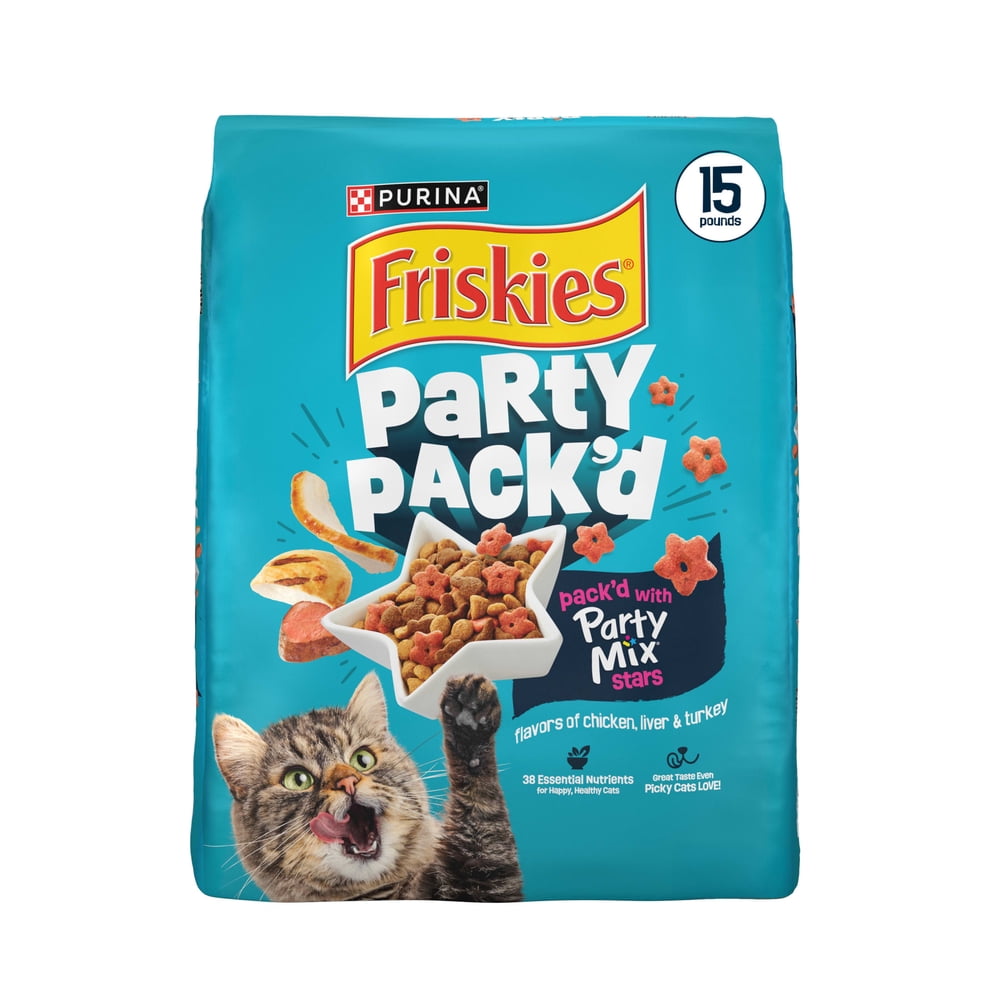 Purina Friskies Party Pack’d with Flavors of Chicken, Liver and Turkey Crunchy Dry Cat Food, 15 lb.