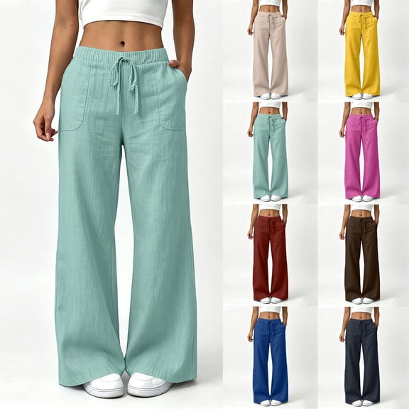 Women's Cotton Linen Wide Leg Pants High Waist Drawstring Loose Flowy Pants with Pockets Lightweight Summer Beach Pants with Pocket Yellow