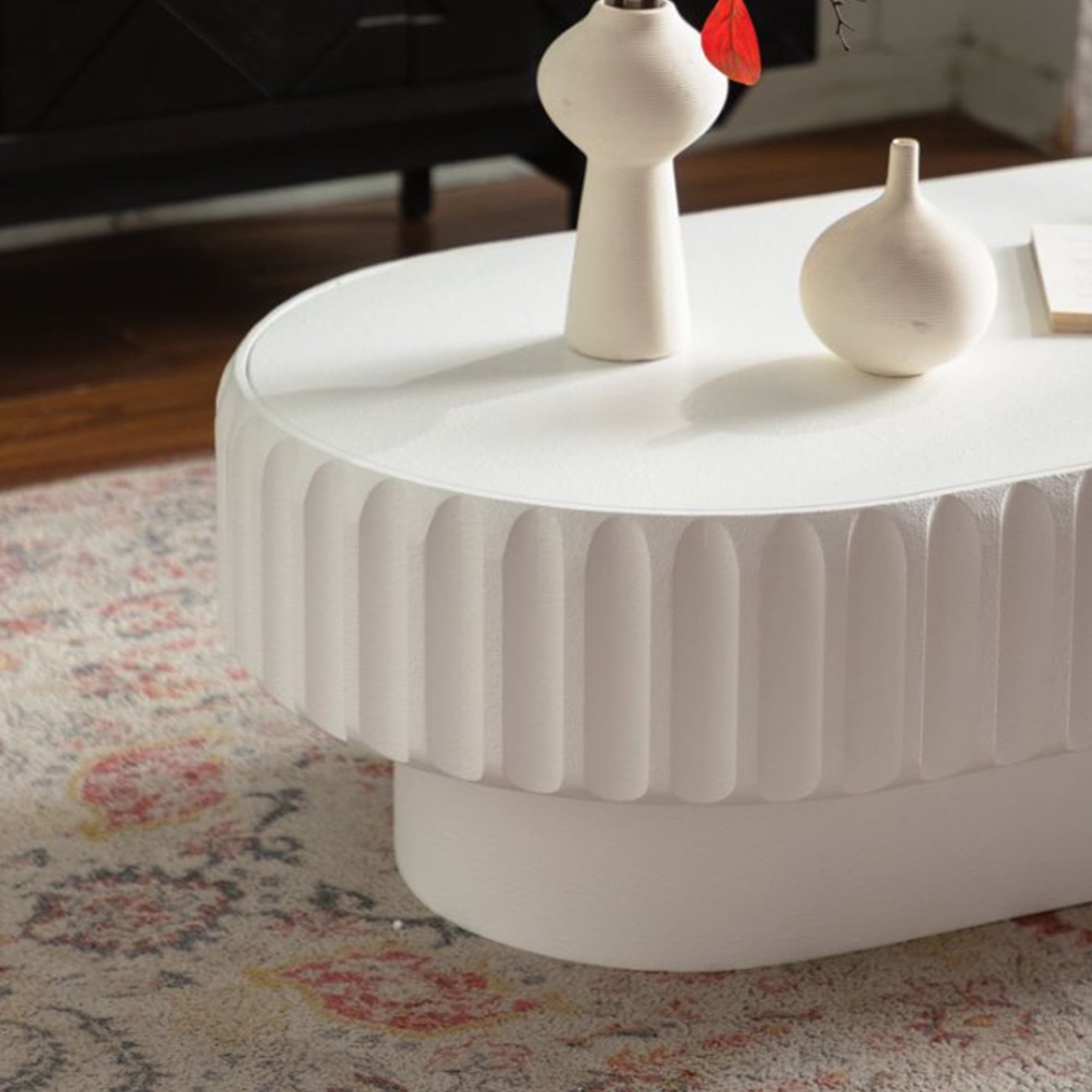 Leumius Coffee Table Fluted Storage Table with Lift-Off Lid, Sleek Texture for Living Room Apartment White