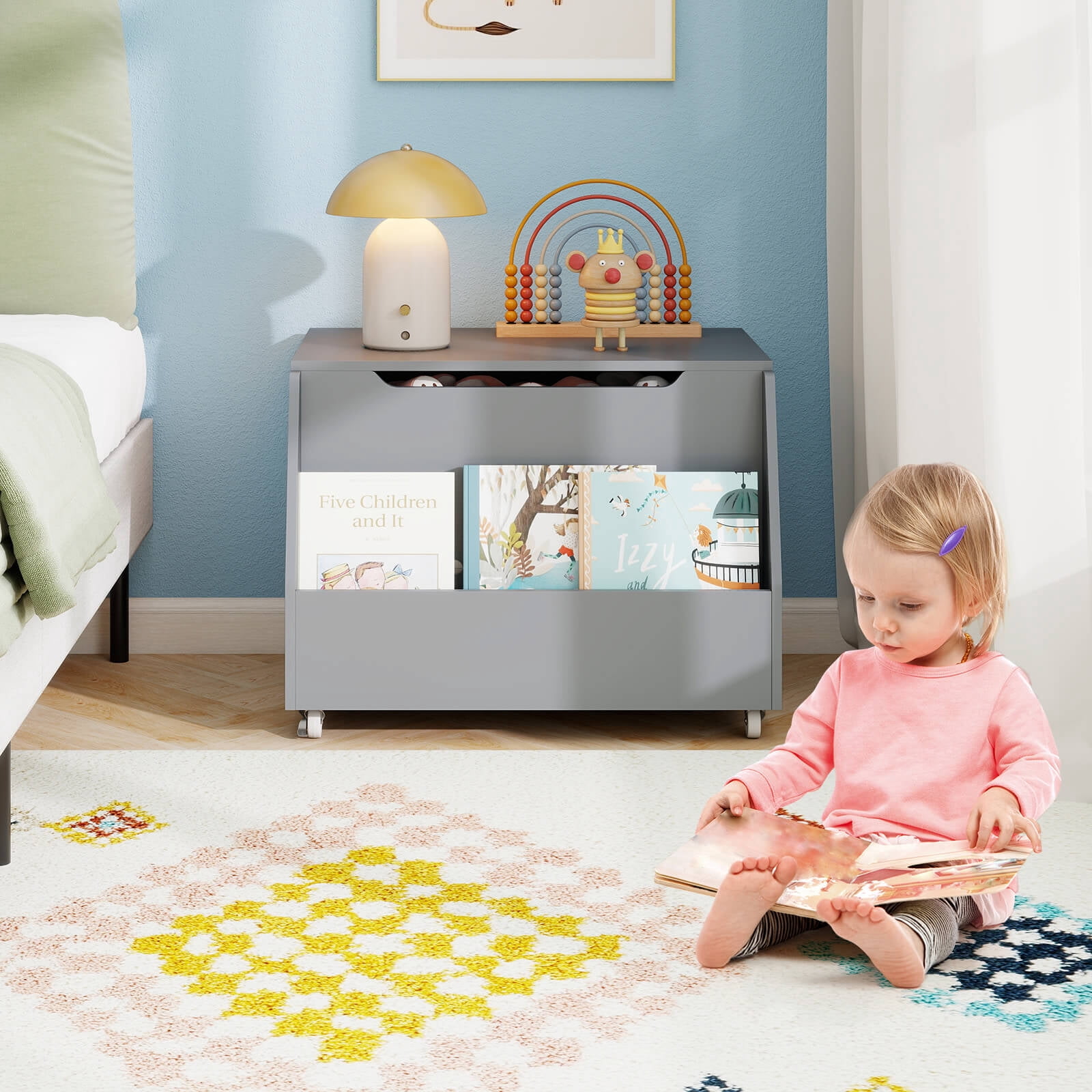 Costway Kids Toy Box Wooden Mobile Toy Storage Organizer with Bookshelf & Lockable Wheels Gray
