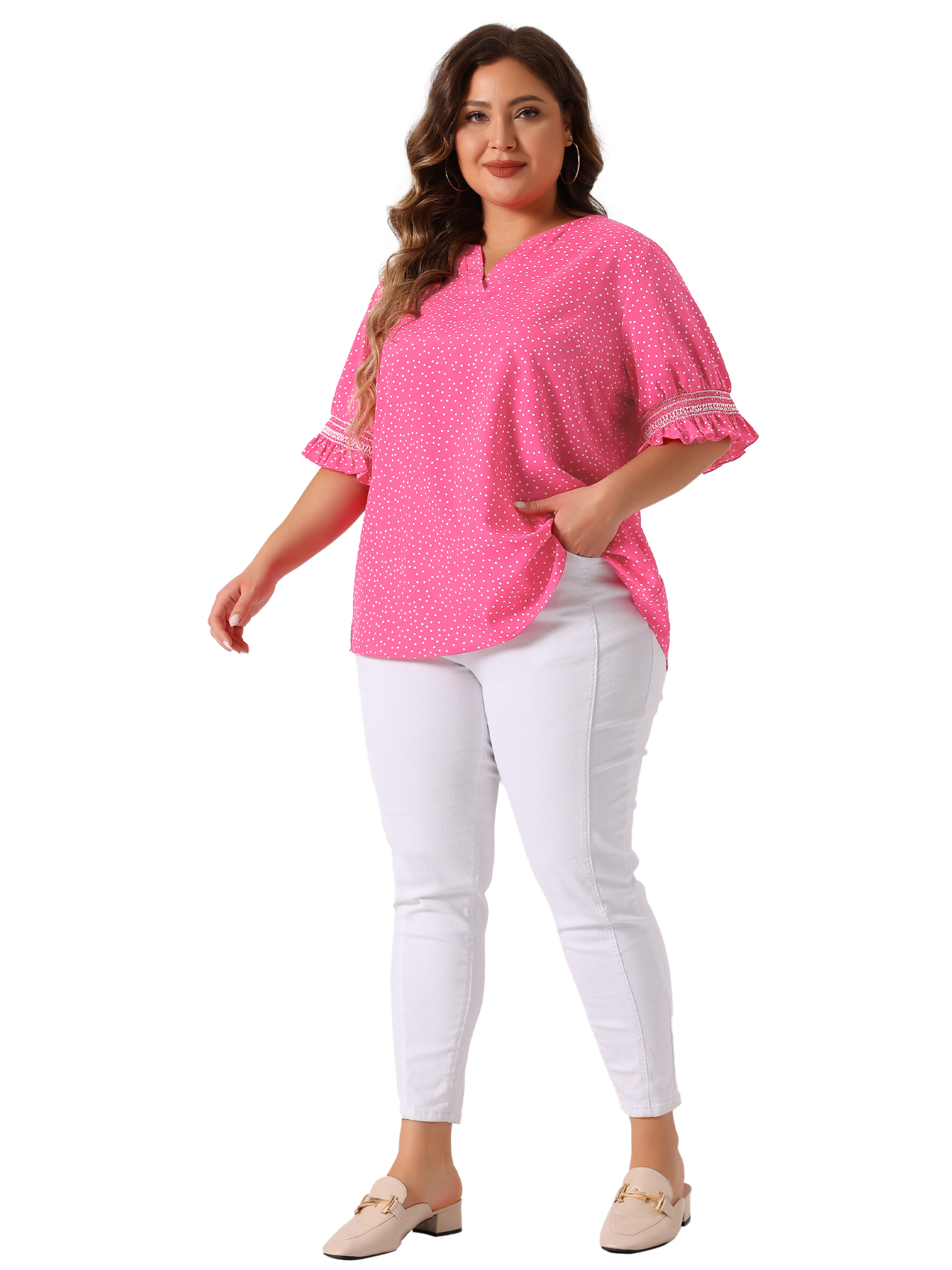 Unique Bargains Women's Plus Size Dots Heart Smocked Short Sleeve Blouse 2X Hot Pink