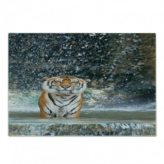 Waterfall Cutting Board, Image of a Large Majestic Tiger in the Waterfall Exotic Wildlife Animal in Nature, Decorative Tempered Glass Cutting and Serving Board, Small Size, Multicolor, by Ambesonne