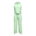 thumbnail image 4 of Summer Solid Color Sleeveless Turn Down Collar Lapel Hollow Out Lace Vest and Wide Leg Pants Two Piece Outfit for Women Green XXXL, 4 of 4
