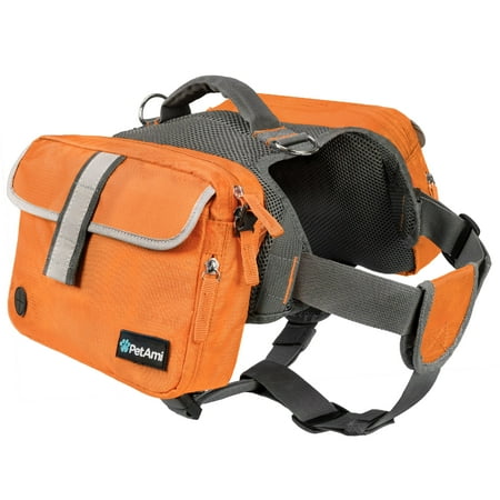 PetAmi Dog Backpack Saddle Bag for Medium Large Dogs  Saddlebag for Dogs to Wear  Harness Saddlebag for Hiking with Reflective Safety Side Pockets  Vest Dog Pack for Camping Travel (Orange  Large)