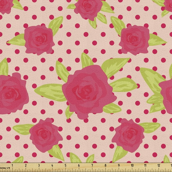 Floral Fabric by the Yard, Rose Flower Blossoms on Polka Dotted Background, Decorative Upholstery Fabric for Sofas and Home Accents, Coral Yellow Green by Ambesonne