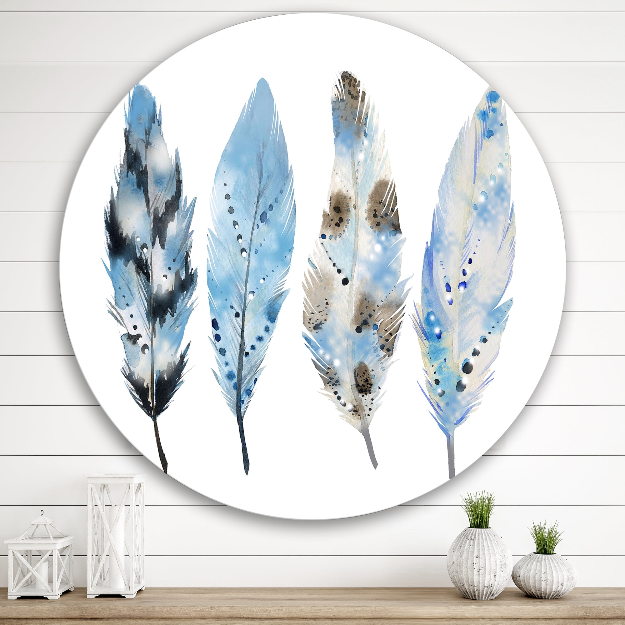 Designart 'Abstract Blue Boho Feathers I' Bohemian & Eclectic Circle Metal Wall Art 36x36 - Disc of 36