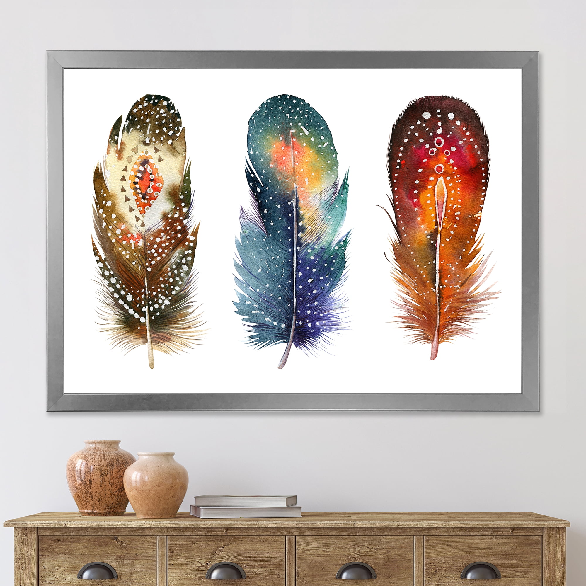 Designart 'Colourful Boho Art Feather Set IX' Bohemian & Eclectic Framed Art Print