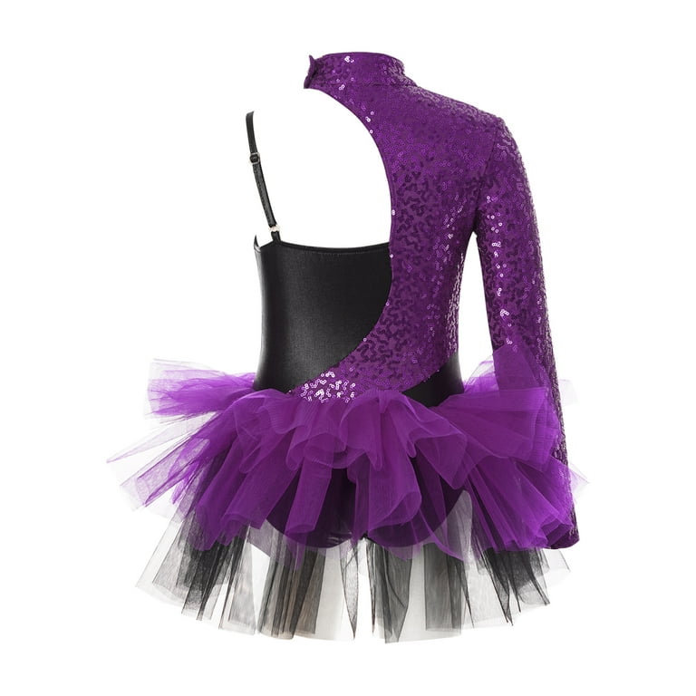 YEAHDOR Kids Girls Sequins Ballet Tutu Dress Ballerina Outfit Asymmetrical Sleeves Jazz Dance Costume Purple 8 Walmart
