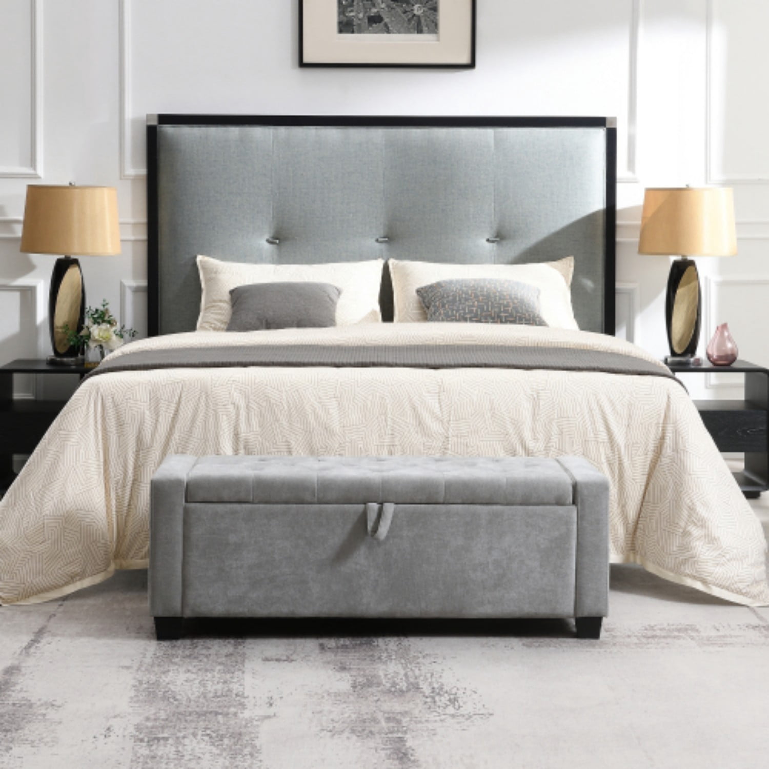 48" Storage Ottoman Bench with Safety Hinge, Upholstered Chenille Storage Bench for Bedroom, Entryway, Living Room, End of Bed Bench with Hidden Storage, Light Gray