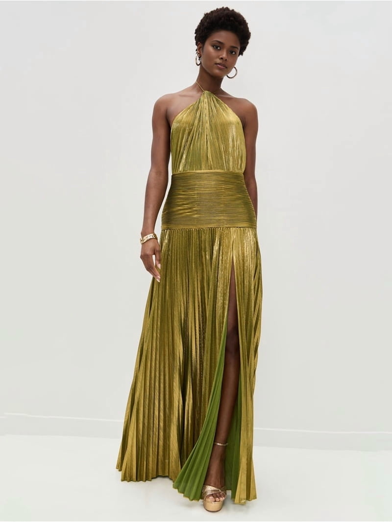 gold pleated halter dress Gold Lurex Dress - Pleated Maxi Dress - Halter Shift Maxi Dress