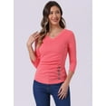 thumbnail image 3 of DARING DIVA V Neck Knitted Buttons Decor Ruched Blouse Top M Watermelon Red, 3 of 6