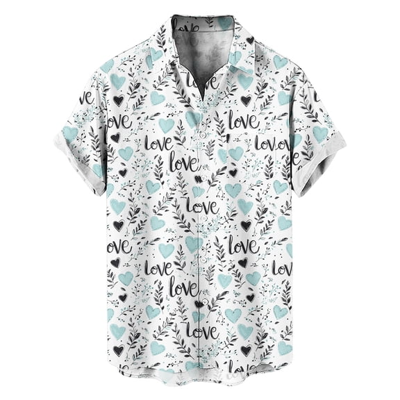 qucoqpe Men's Valentine's Day T-Shirts Fashion Love Heart Printed Turndown Neck Short Sleeve Button Up Blouse Tops