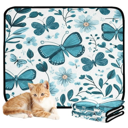 Qxltty Light Blue Butterflies Flowers and Leaves Cat litter Pads Pet Set of 3 Diaper Mats Center Anti-leakage Layer Absorbent Soft and Comfortable